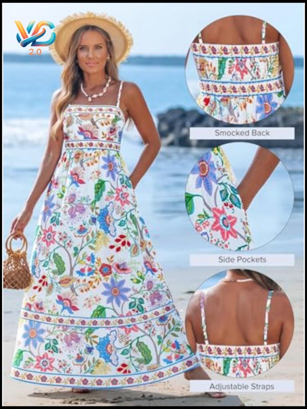 Women's Spaghetti Strap Maxi Dress Boho A-Line Flowy Sleeveless Sun Dress - Picture 4 of 7